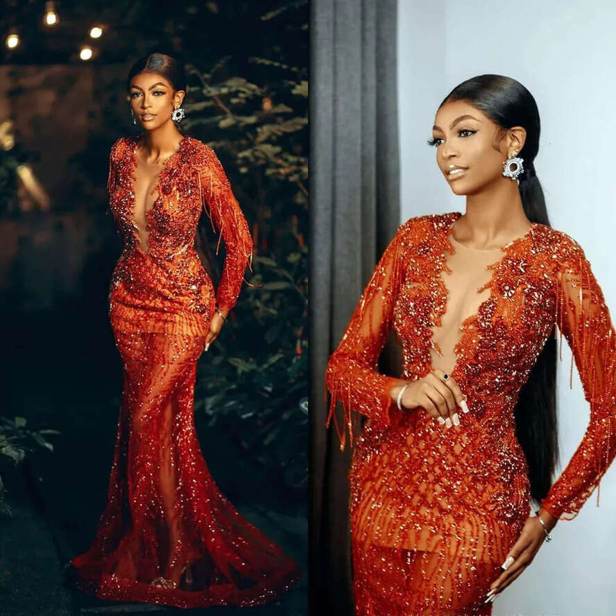 Shining Deep Prom Mermaid V-Neck Glamorous Dresses Beaded Tassel Long Sleeves Backless Zipper Or Length Custom Made Evening Dress Plus Size