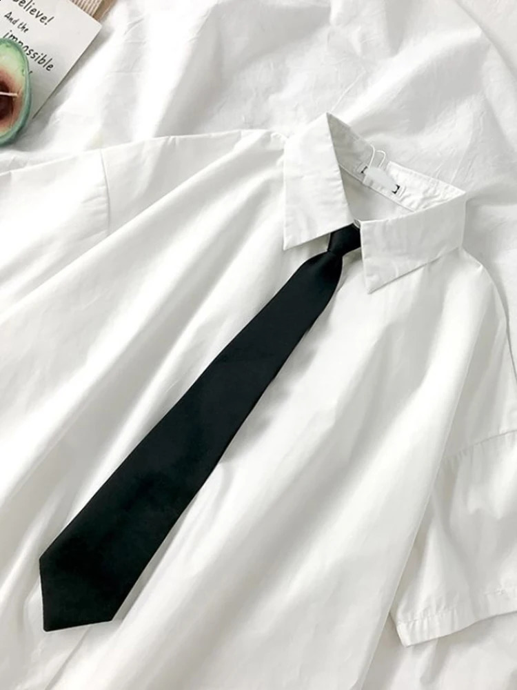ZOKI White Shirt Fashion Black Tie Japan Style Preppy Students JK Girls Blouse Simple Solid Loose Summer Button Up Tops 240926