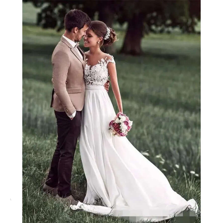 Capped Dresses A 2019 Chiffon Newest E Sleeves Covered Buttons Illusion Lace Applique Country Wedding Bride Gown Vestido De Novia Pplique pplique