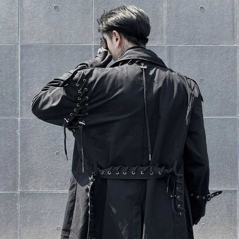 2023 Double Chest Brushed Patch Work Techwear Trench Jacket Mens Hip Hop Punk Long Jacket Street Fashion Gabardina Hombre W240926