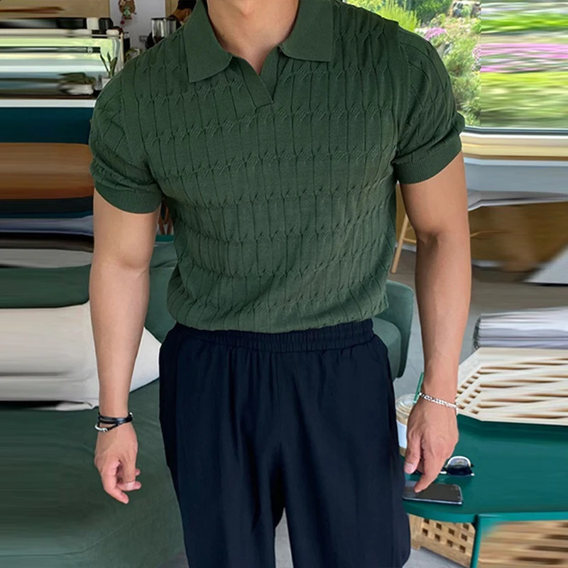 Casual Jacquard Knit Polo Shirt Men Fashion Solid Elastic Knitted Slim Tops Summer Vintage Short Sleeve Polo Tee Mens Streetwear 240927