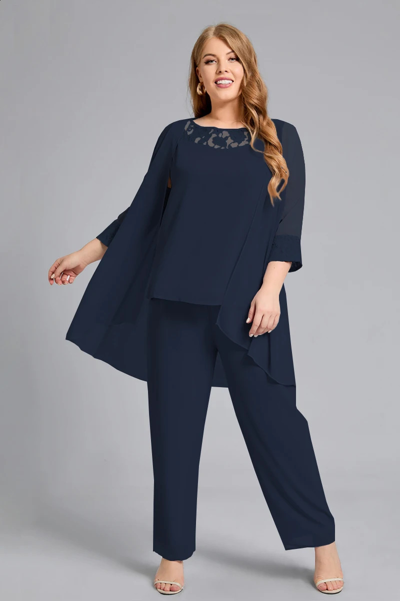 Plus Size Mother of The Bride Sequins Mesh Three Pieces Set Pant Suits Chiffon Casual Matching Elegant Basic Outfit 2024