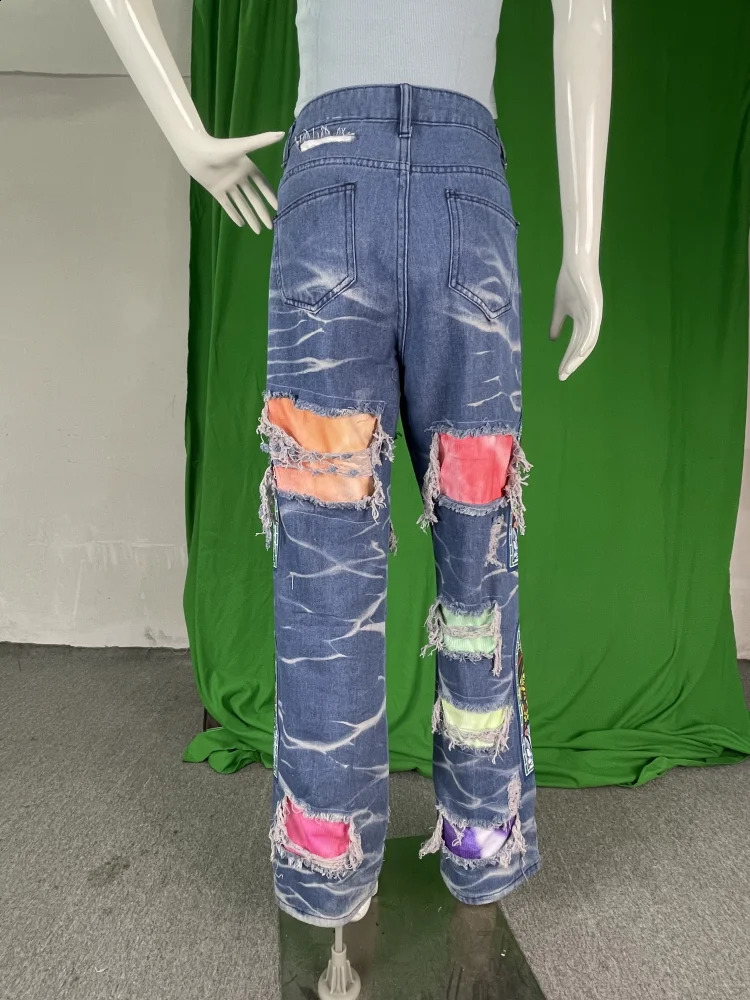 CM. YAYA Street Jeans Womens Eye Patch Work High Waist Zipper Flying Jeans 2024 Tear Trouser Street Tight High Waist Pants 240927