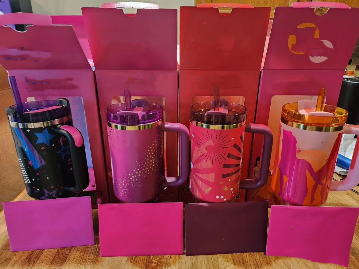 US STOCK Cobrand Hot pink Mugs Black Chroma H2.0 40oz Stainless Steel Tumbler Cup with Silicone Handle, Lid and Straw for Valentine's Day Gift, W