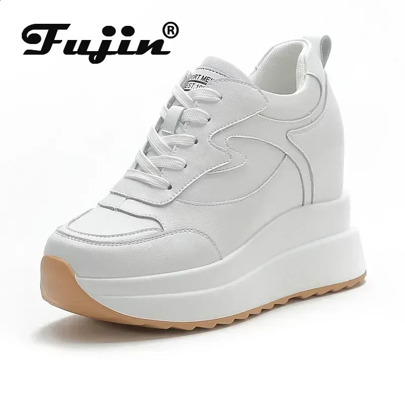 Fujin 10cm platform wedge sports shoes thick leather shoes womens summer shoes spring and autumn walking sports shoes fashionable 240926