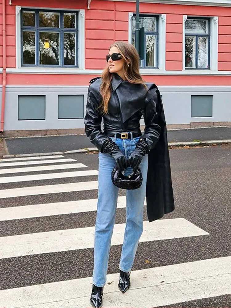 Pu leather open top jacket womens retro cape shawl collar jacket zipper womens spring fashion ultra-thin cool street clothing womens top W240926