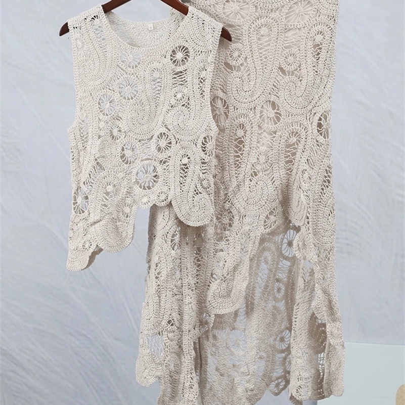 Crochet Knitted Asymmetric Womens Dress Set Chic Oneck Sleeveless Top Short Lining Skirt Suit 2023 Fashion Fairy Sweet Outfits y240926