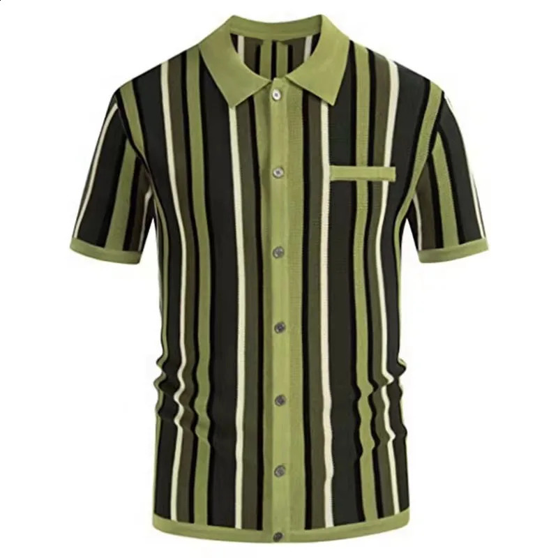 Summer Men Clothing Knit Short Sleeve Polo Shirt Casual Classics Stripes Lapel Button Slim Fit Cardigan Breathable Tops 240927
