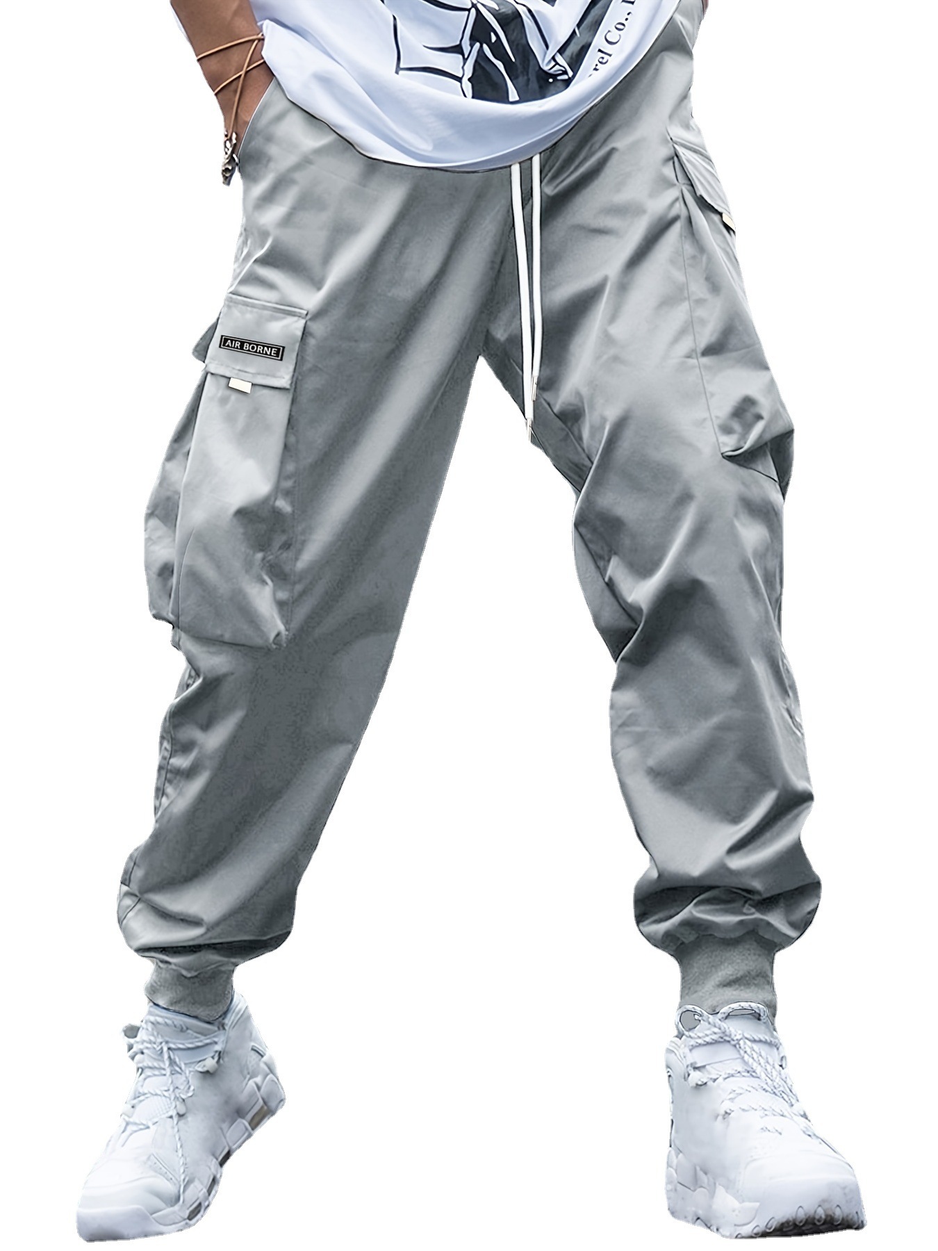 Men Cargo Pants Multi Pockets Elastic Waist Drawstring Men Pants Loose Deep Crotch Hip Hop Streetwear Casual Trousers