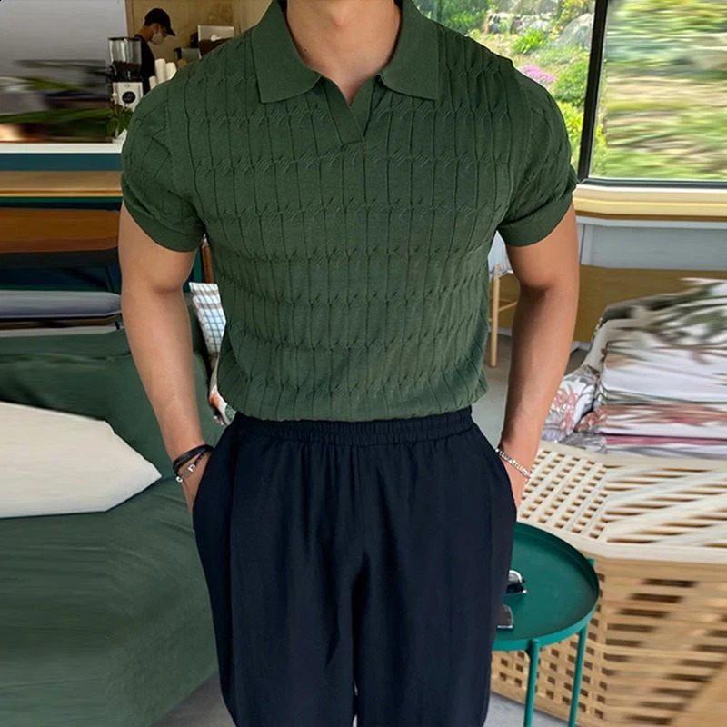 Casual Jacquard Knit Polo Shirt Men Fashion Solid Elastic Knitted Slim Tops Summer Vintage Short Sleeve Polo Tee Mens Streetwear 240927