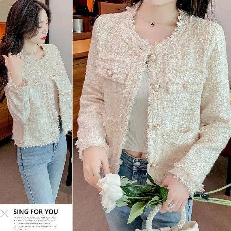 Womens Clothing Round Neck Long Sleeved Wool Coat Single Breasted Tweed Jacket Korean Fashion Crop Top Spring And Autumn