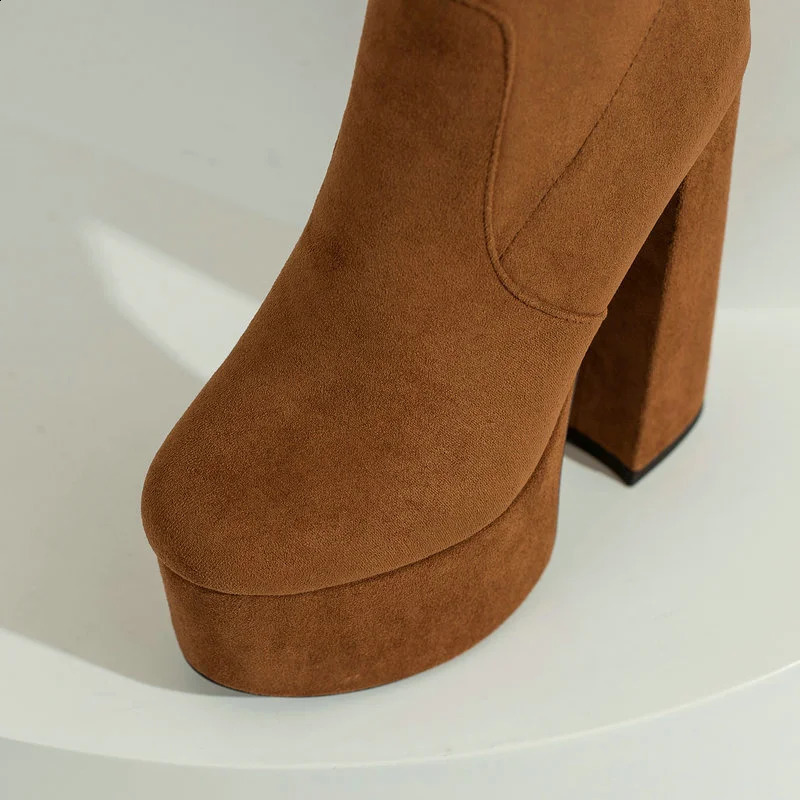 Plus Size 43 Platform Square High Heels Womens Knee High Boots Artificial Suede High Quality Round Toe Dress Womens Boots Black Brown 240926