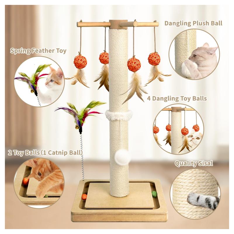Post, Sisal Scratching Posts Indoor Cats Adults with Hanging Ball and Interactive Toys, 2 Mounting Methods Cat Scratcher for Kitten Cats, 25 inches