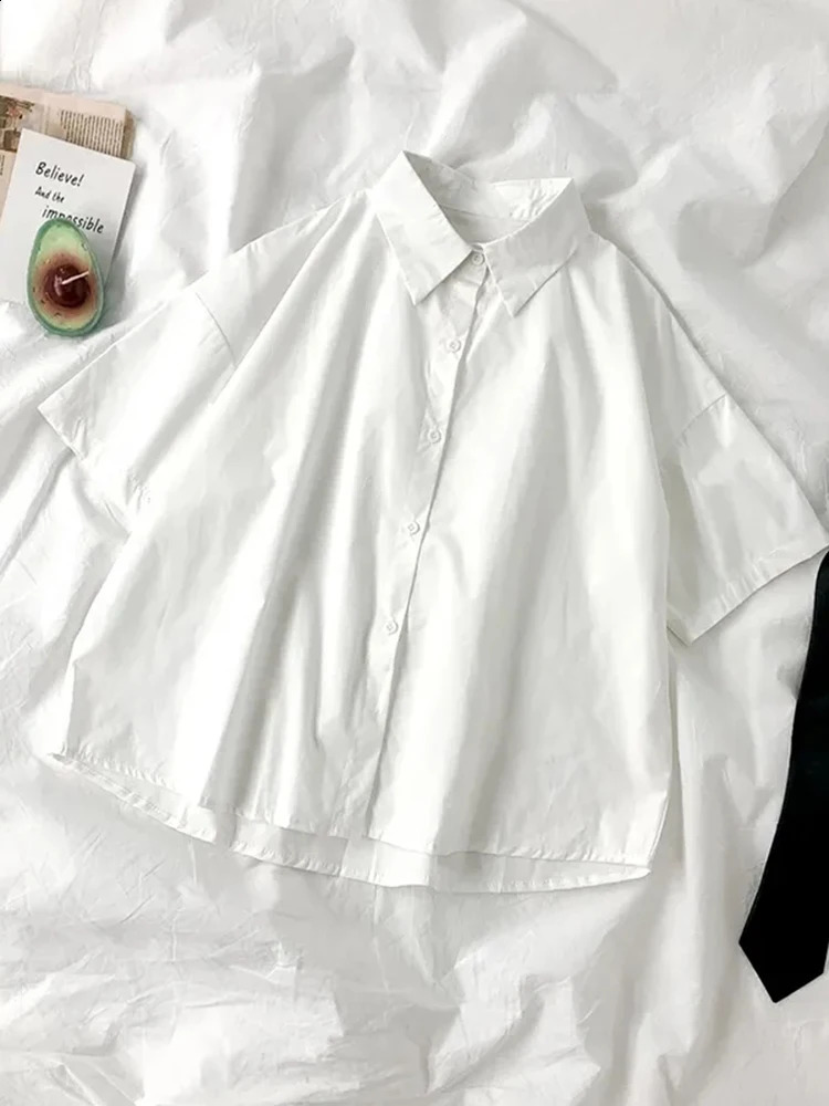 ZOKI White Shirt Fashion Black Tie Japan Style Preppy Students JK Girls Blouse Simple Solid Loose Summer Button Up Tops 240926