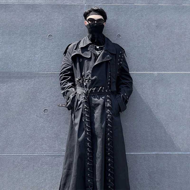 2023 Double Chest Brushed Patch Work Techwear Trench Jacket Mens Hip Hop Punk Long Jacket Street Fashion Gabardina Hombre W240926