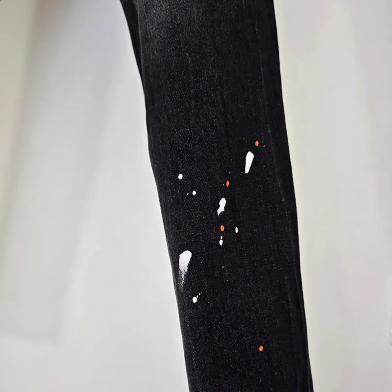 Street fashion mens jeans high-quality retro black gray elastic slim fit open top jeans mens er hip-hop jeans 240927