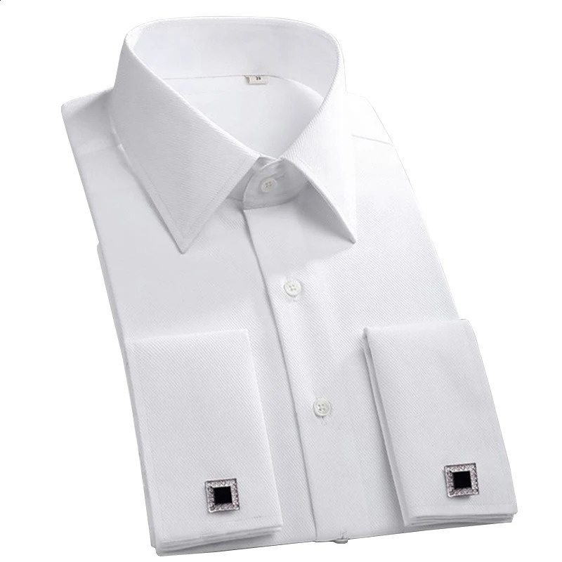 Classic French Cuff Mens Dress Shirt Long Sleeve Male Formal Wedding Party White Black Oversized Cufflink Shirts with Pocket 240927
