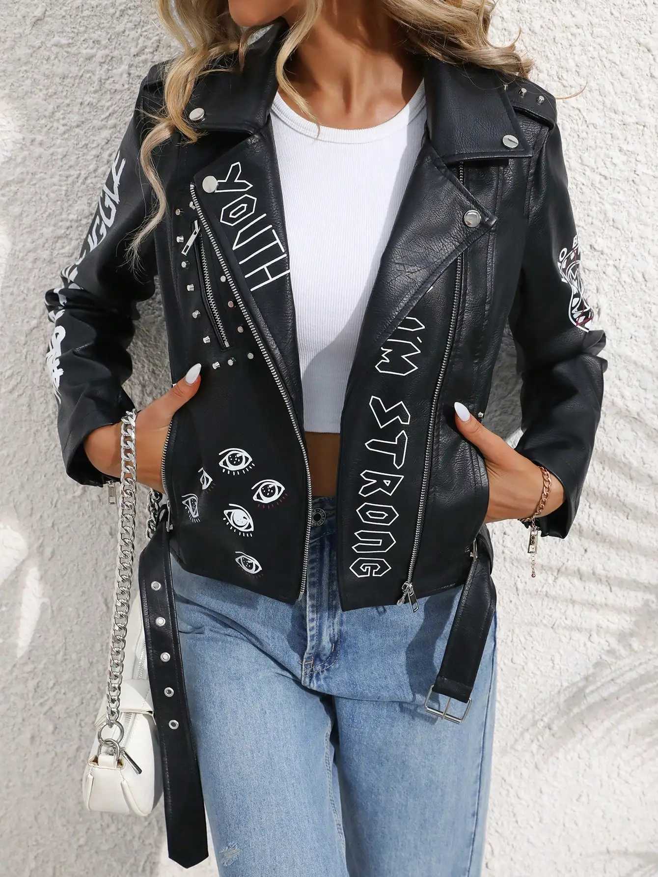 Fitaylor womens artificial PU leather jacket casual womens lapel zipper graffiti printed leather jacket motorcycle rivet jacket W240926