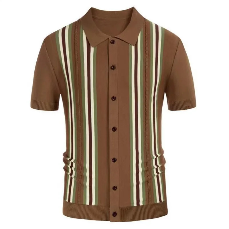 Summer Men Clothing Knit Short Sleeve Polo Shirt Casual Classics Stripes Lapel Button Slim Fit Cardigan Breathable Tops 240927