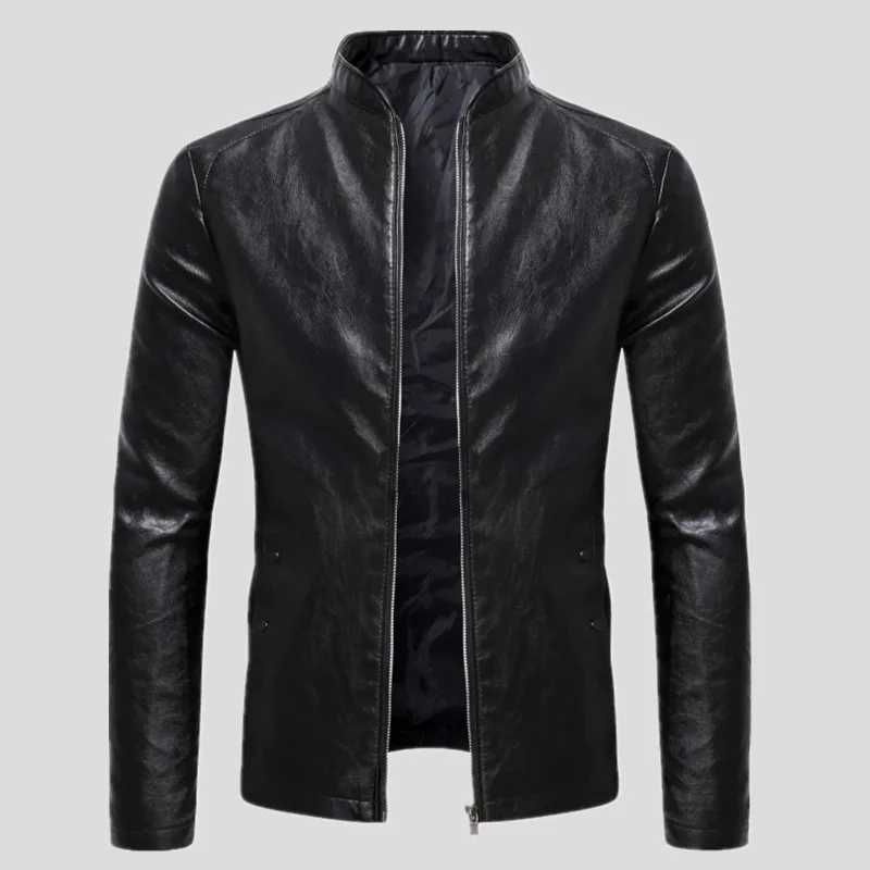 2025 Spring New Mens Business Casual Slim Longsleeved Pu Leather Jacket Side Seam Pocket Zipper Solid Color W251023