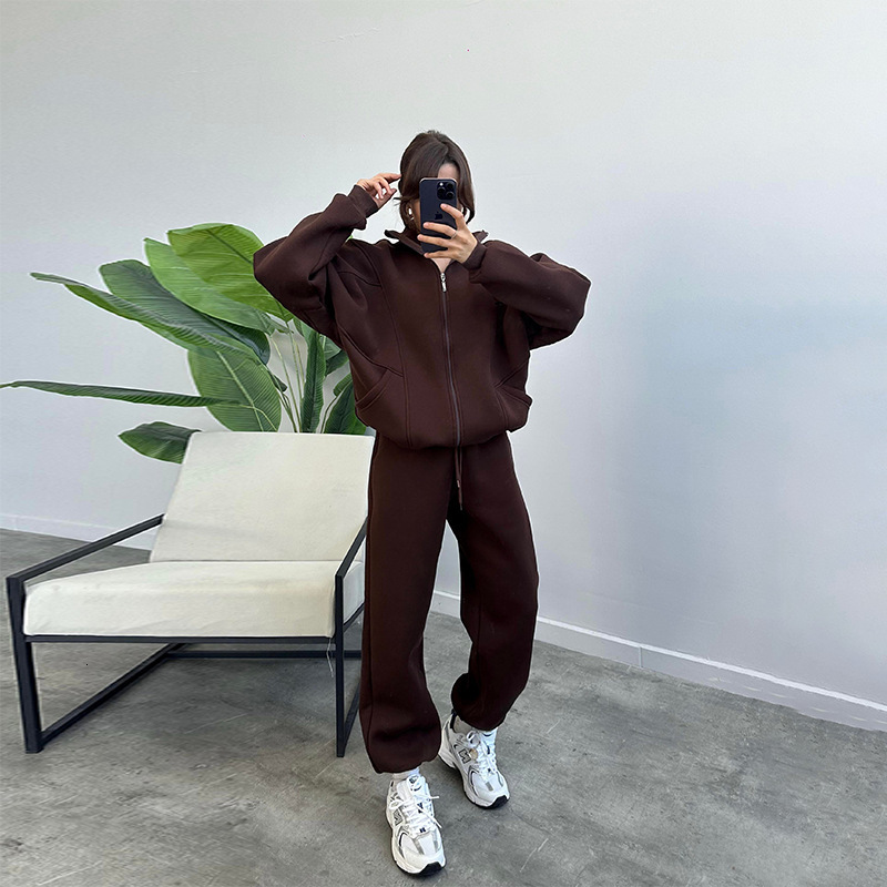 dongdumaoyi Women s clothing autumn new fashion zipper pocket hoodie loose sweatpants casual set F0927#78