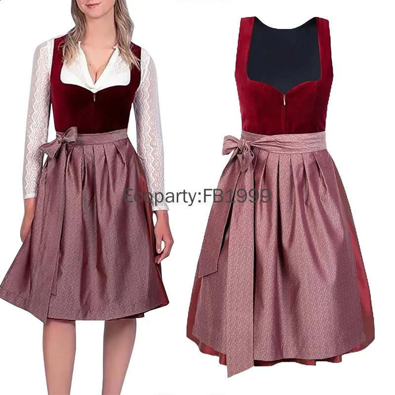 Womens German Beer Girl Role Playing Costume Bavarian Beer Festival Red Velvet Dirndl Dress with Apron Carnival Party Costume 240927