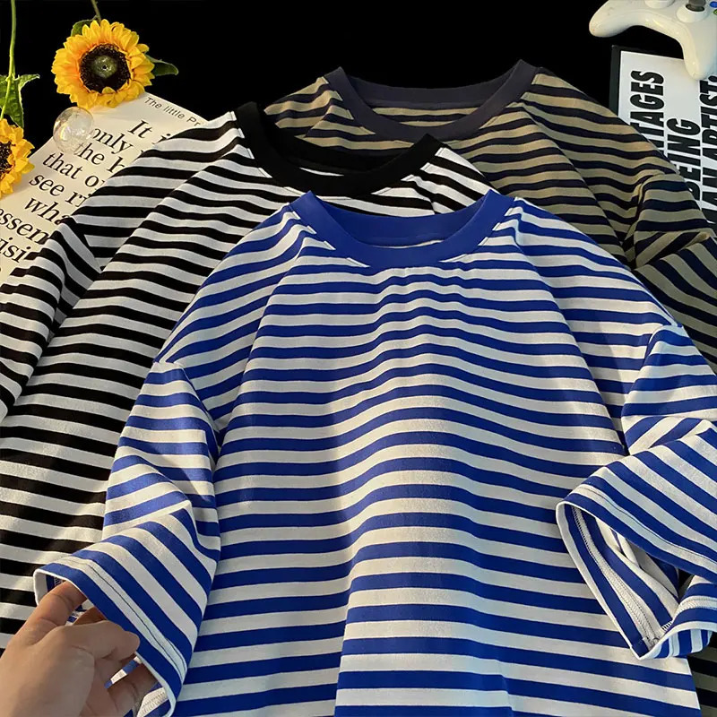 Classic Korean striped T-shirt casual O-neck T-shirt color blocked horizontal striped short sleeved T-shirt 240927