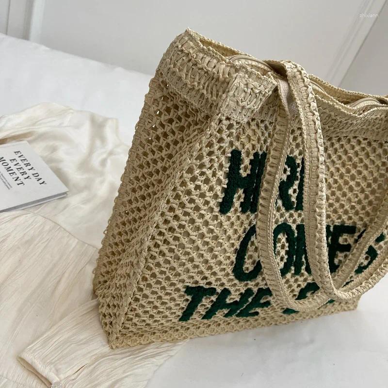 Drawstring Summer Crochet Women Large Capacity Straw Braid Shoulder Portable Beach Letter Handwoven Handbags Casual Bags
