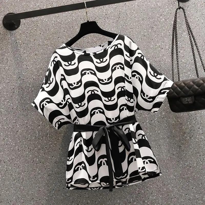 Fashionable and Elegant Chiffon Shirt Womens Summer Oversized Belly Covering Top Micro Flared Pants Twopiece Set 240927