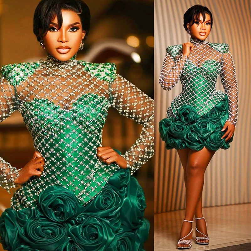 2024 Aso Ebi Green Cocktail Dresses For Women Short Prom Dresses Mini Dresses High Neck Long Sleeves Beaded Lace Flora Birthday Dresses For Special Oc