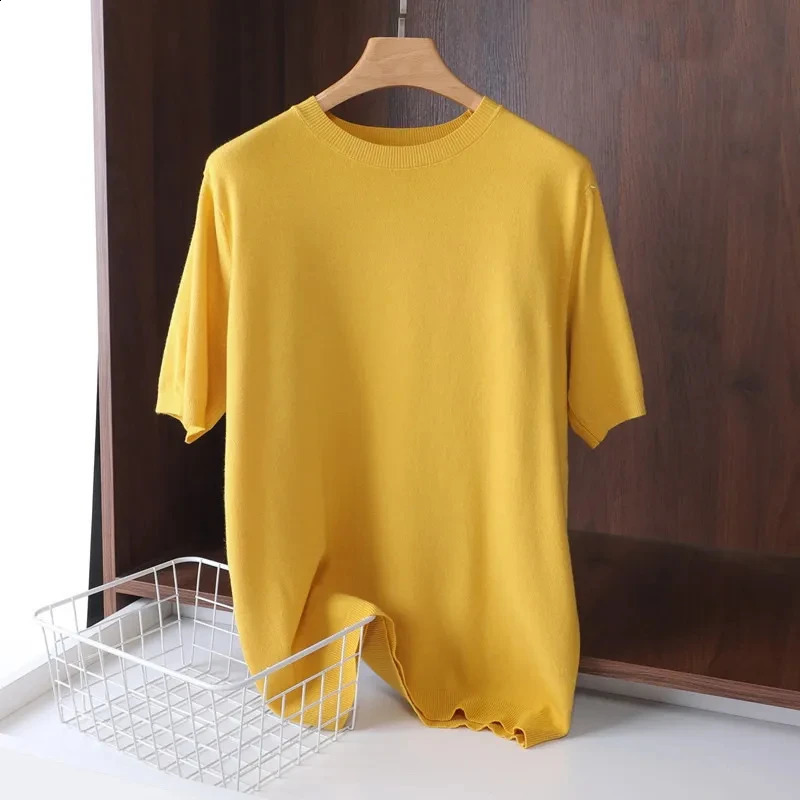 Superfine Merino Wool T Shirt Mens Knitted O-neck Breathable Thin Cashmer Short Sleeve Tee Solid Color Tops 240927