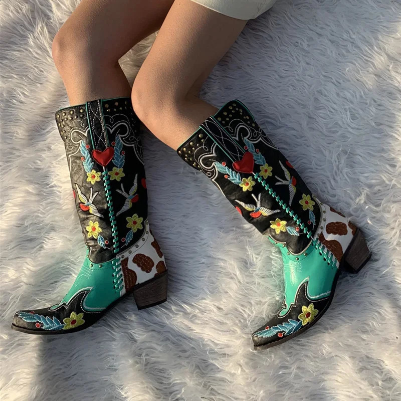Lanjia Winter Blue Western Cowboy Women Shoes Thick Heels Pointed Toe Embroidered Mid Calf Boots Fashion Cowgirl Booties D