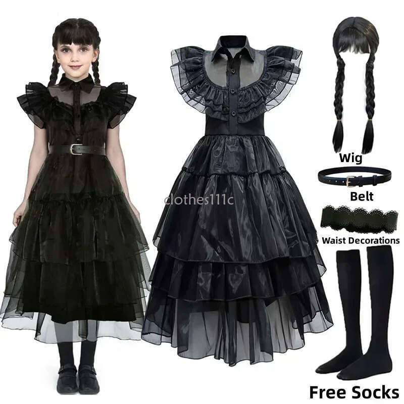 Wednesday Addams Up Costume For Girls Birthday Halloween Cosplay Party Dress With Wig Soc Belts For Kids 2-12 Years