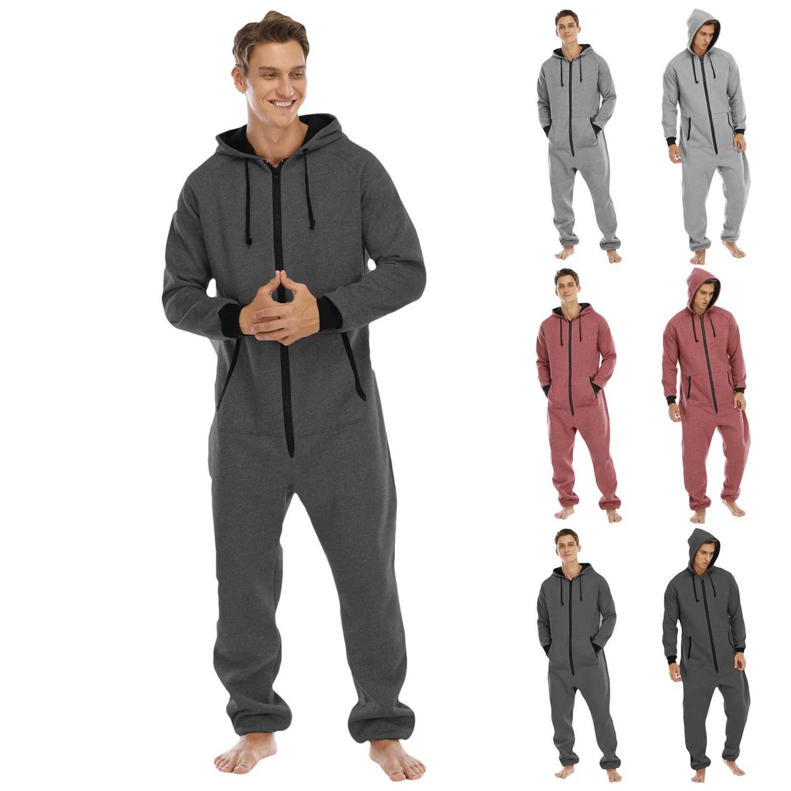 Mens long sleeved pajamas zipper V-neck solid color hoodie mens autumn and winter casual pants 1-piece jumpsuit W240926