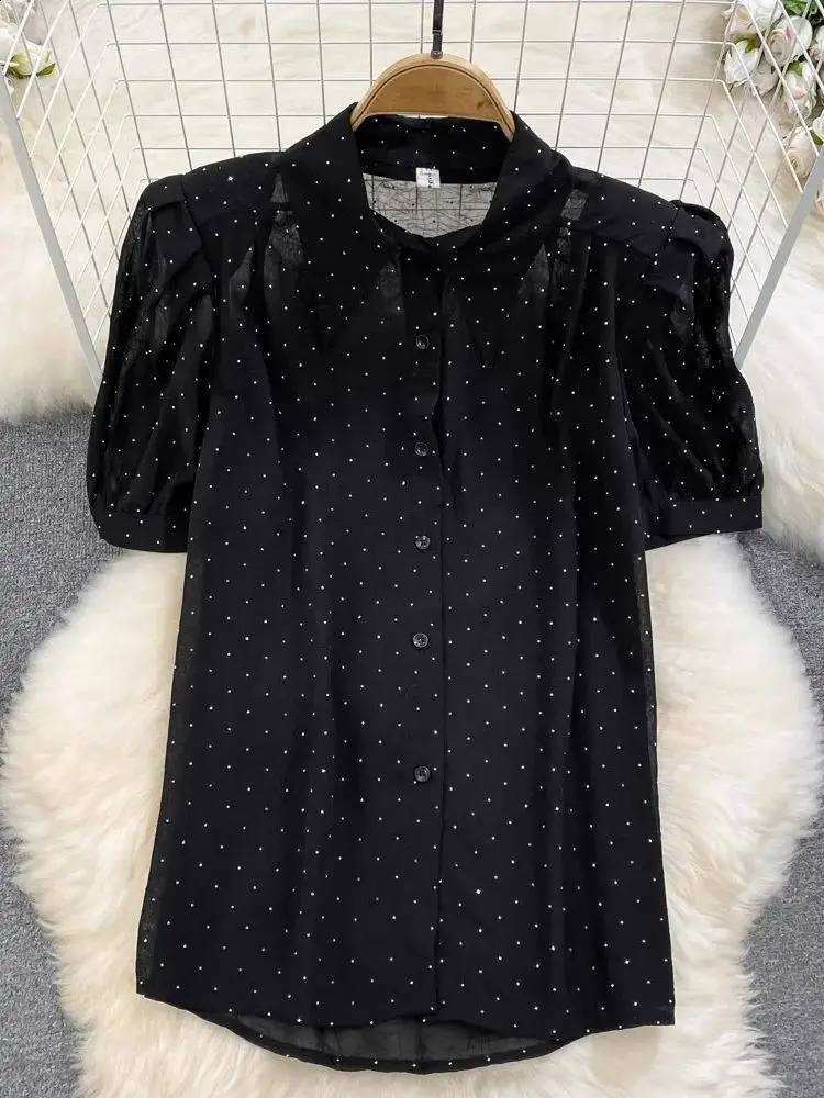 Elegant Drill Black Two Piece Set Women Short Puff Sleeve Dot See Through Chiffon Blouse Shirt Belt Long Split Skirt Suits 240927