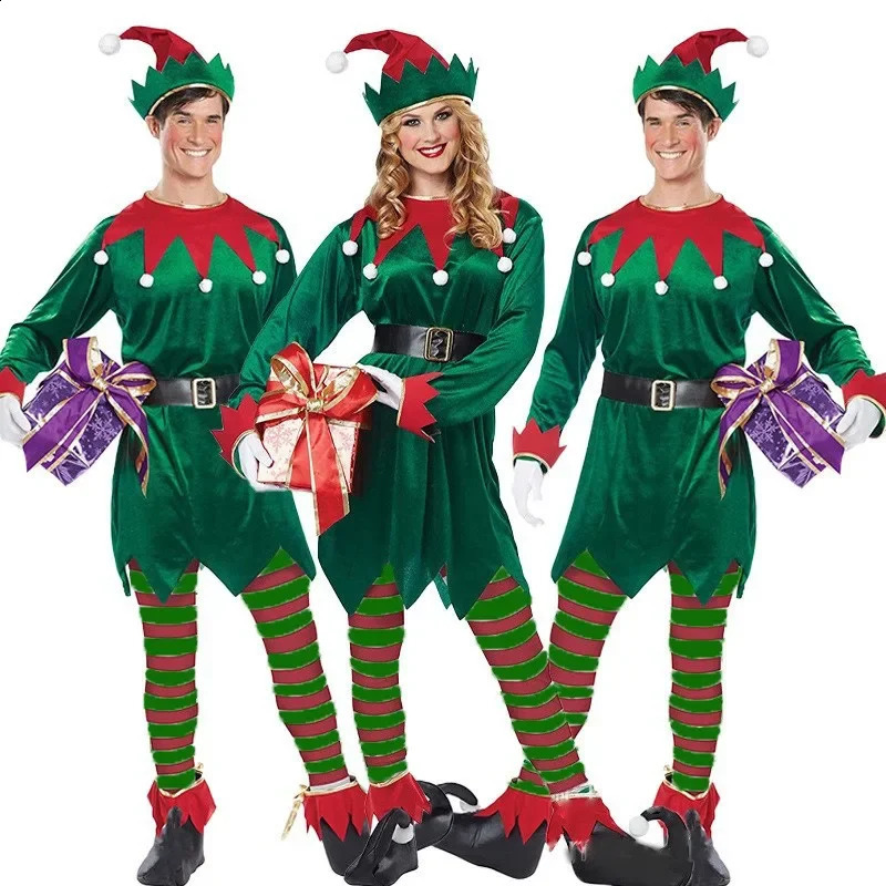 Christmas Elf Costume Womens Adult Santa Claus Green Elf Role Playing Costume Set Christmas Carnival Fancy Party Dress 240927