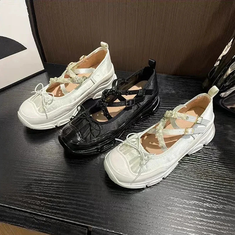 Thick soled high-quality womens casual flat shoes fashionable pearl shallow ankle strap womens dress flat bottom elegant Mary shoes 40 240926