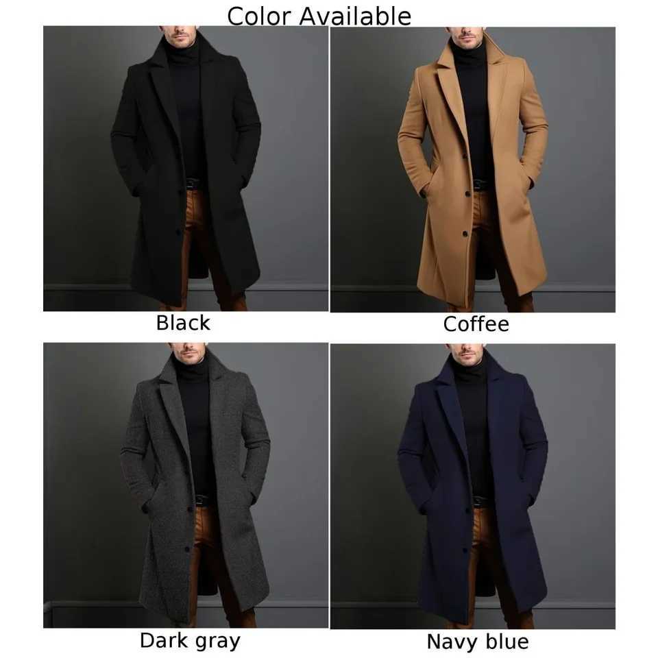 Warm and comfortable mens black trench coat long sleeved single chest coat suitable for autumn and winter W240926