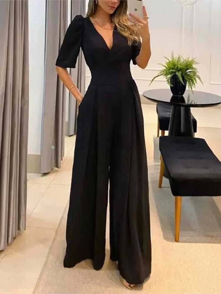 Jump Suits For Women Spring Autumn New Fashion V-neck Solid Color Temperament High Waist Womens Wide Leg Jumpsuit Streetwear M240926