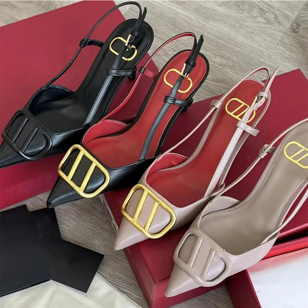 Luxury high heels designer sandals classics metal buckle pointed toe thin heel 4cm 6cm 8cm summer genuine leather woman wedding shoes 35-43