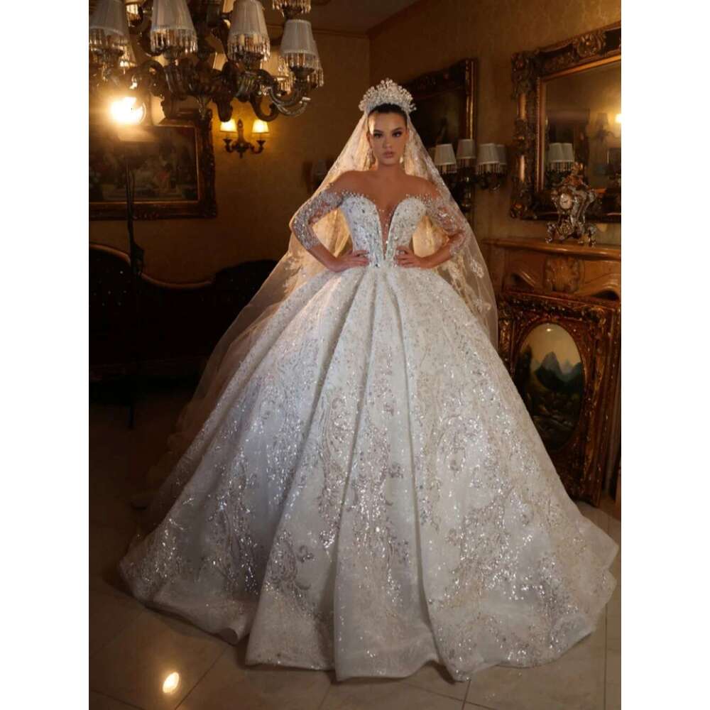 Quarter Sleeve O-Neck Wedding Dress Sparkly Sequins Bridal Classic Ball Gown Long Bride Robe Vestidos De Novia 6660311