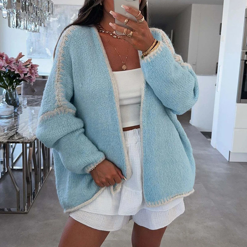 Womens elegant long sleeved knitted jacket autumn and winter color loose cardigan womens V-neck sportswear 240913