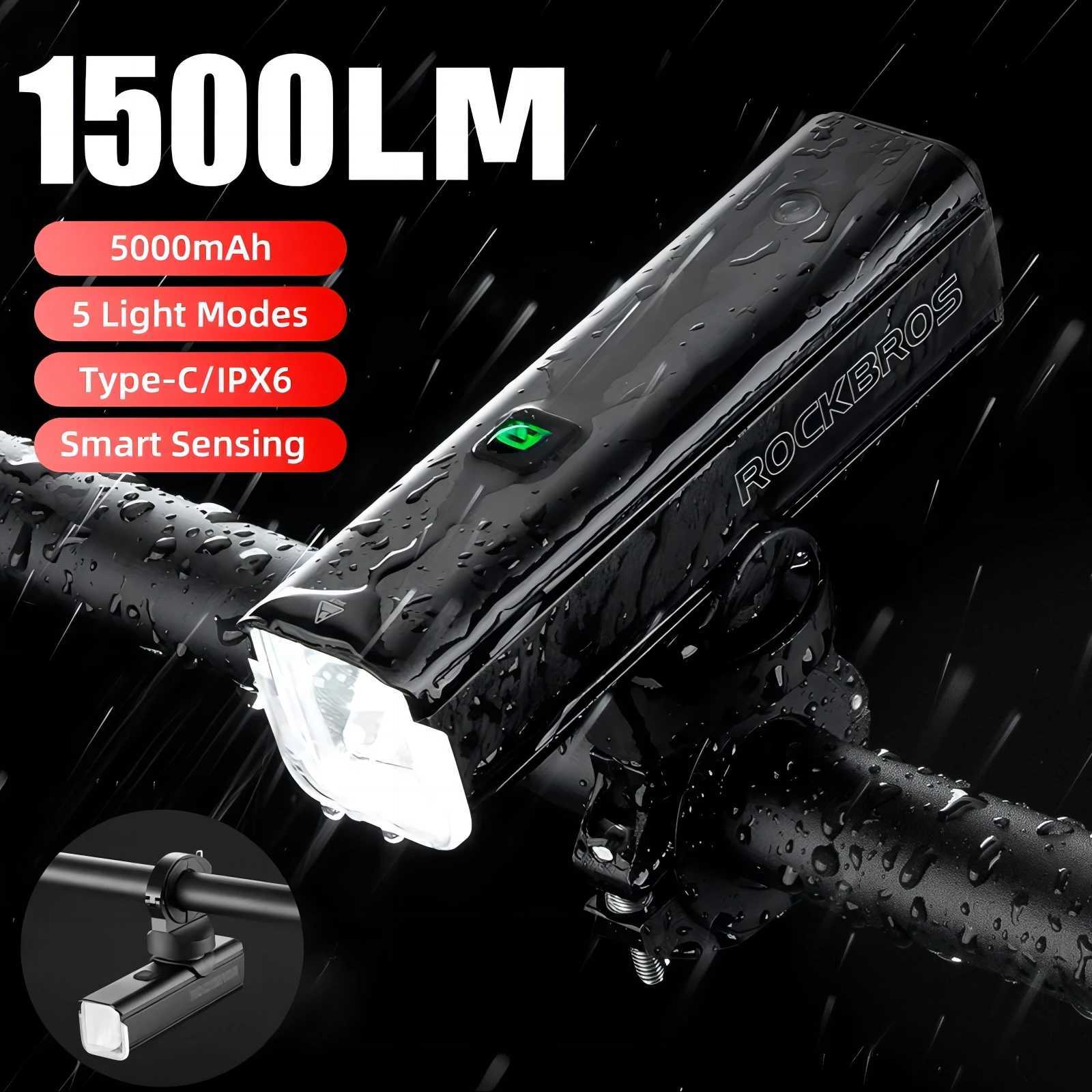 ROCKBROS bicycle light 1500LM5000mAh C-type bicycle light temperature control IPX6 aluminum LED headlight bicycle headlight Y240921