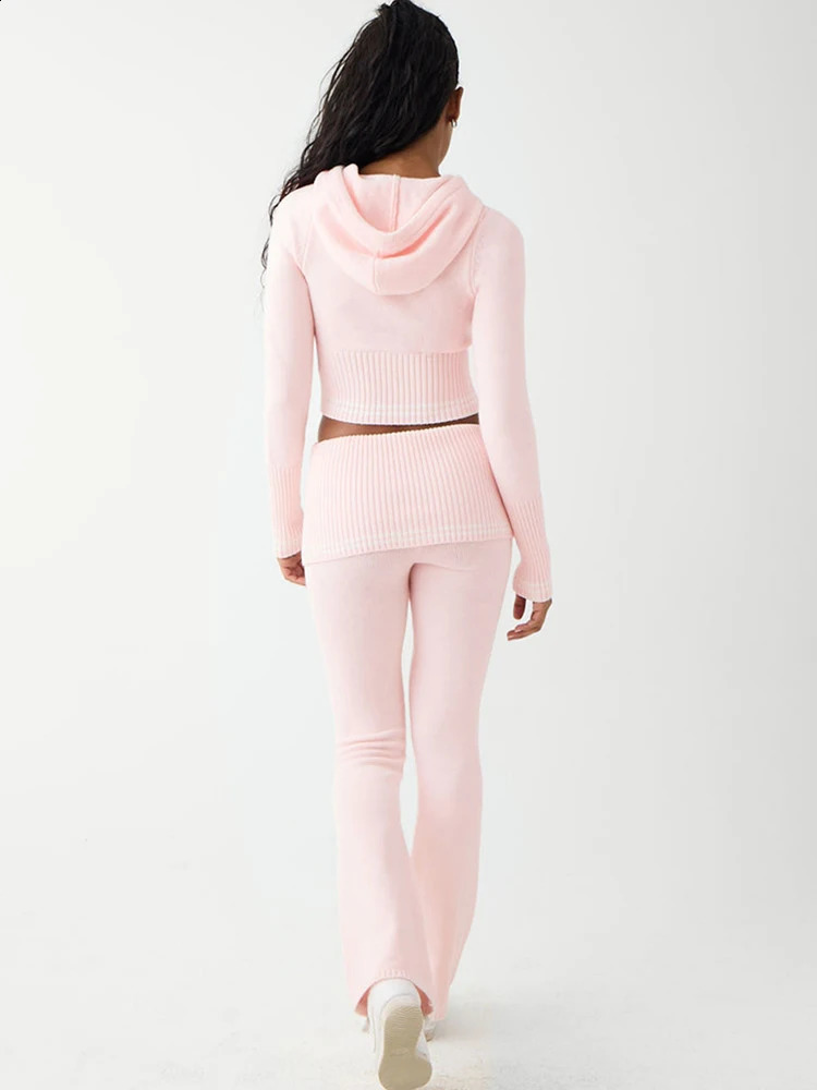 Fantoye Knitted Hoodie Two Piece Womens Track and Field Uniform Pink Long Sleeve Zipper Sweater Set Womens Tight Solid Casual Pants Set 240927