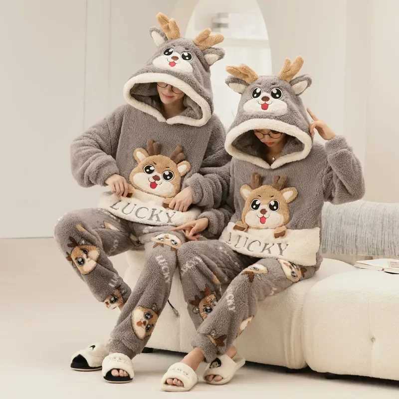 Plush Flce Pajamas Set for Couples Long Slve Hooded Winter Slpwear Warm u0026 Cozy Flannel Pajamas for Men u0026 Women L251018PPG1