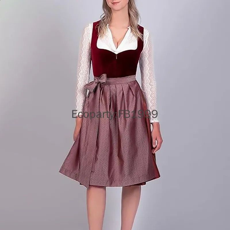 Womens German Beer Girl Role Playing Costume Bavarian Beer Festival Red Velvet Dirndl Dress with Apron Carnival Party Costume 240927