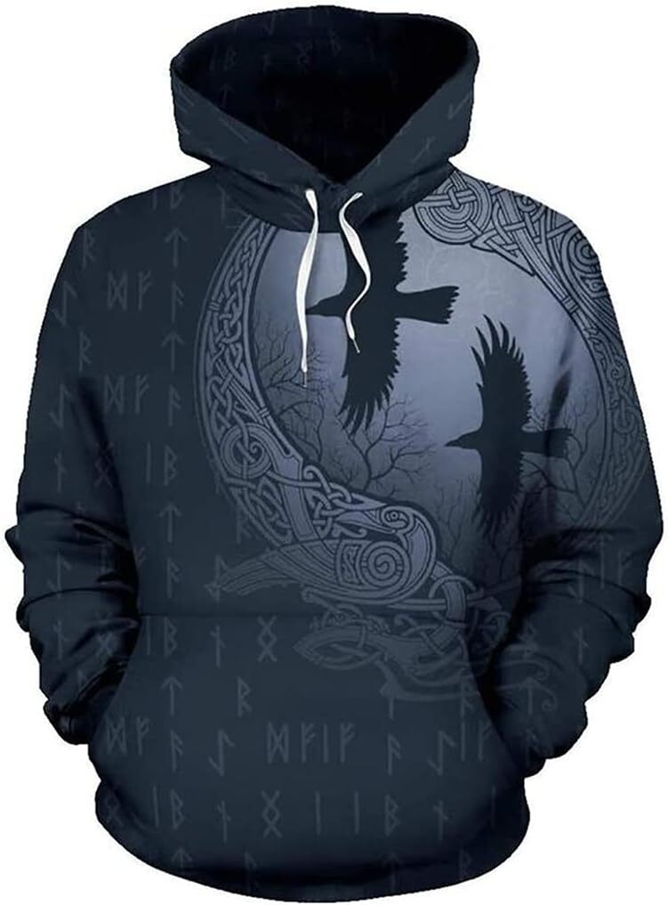 Hoodie for Mens Womens Fall 3D Viking Crow Hoodies, All Over Runes Tattoo Print Hooded Pullover, Men Sweatshirt Jacket with Pocket Graphic Pullover Lo