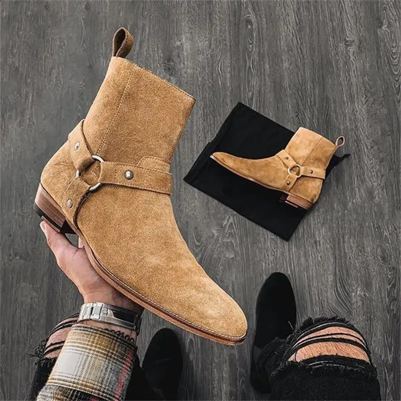 Brown Mens Chelsea Boots Handmade High Quality Cowhide Face Business Casual Square Toe Middle Heel Mens Bicycle Boots 240926
