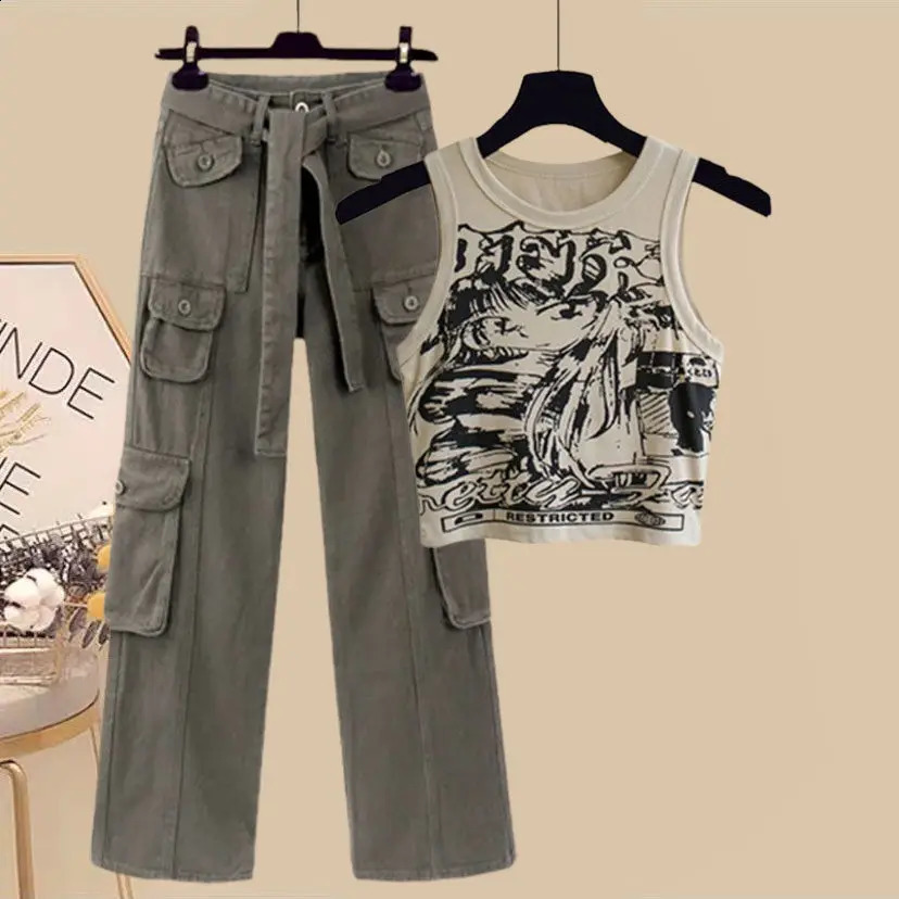 Spring/Summer Set Womens Retro Shirt Versatile Tank Top Fashion Wide Leg Pants 3-Piece Set Trendy 240927