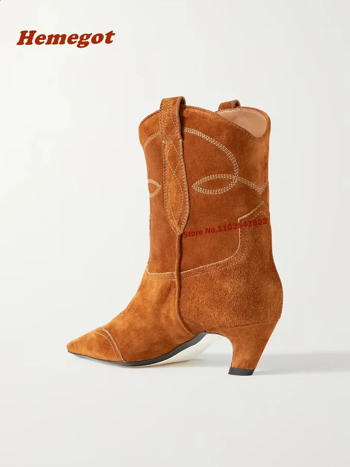Embroidered suede cowboy boots with mid calf toes for women casual dark brown latest fashion winter 2024 plus size shoes 240930
